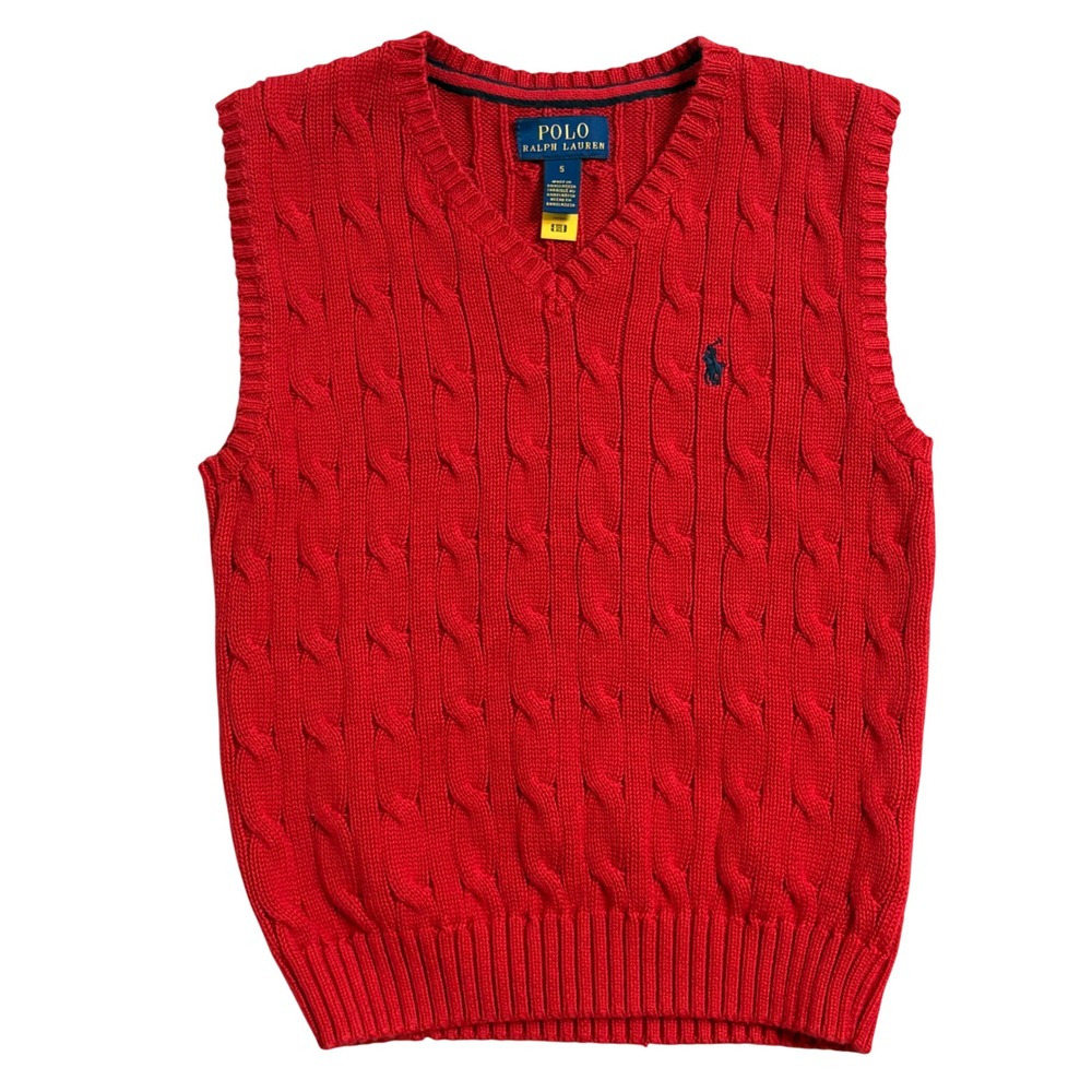 Polo Ralph Lauren Kids Red Cable Knit V-Neck Sweater Vest Size 5 Pony Logo